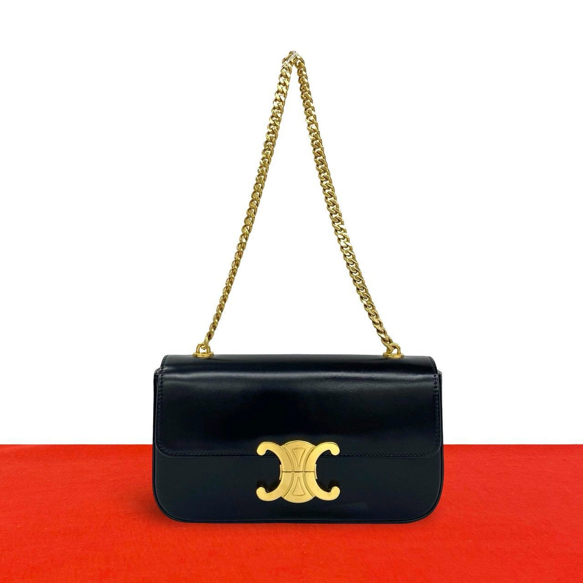 Celine Claude Triomphe Logo Leather Chain Mini Shoulder Bag Black