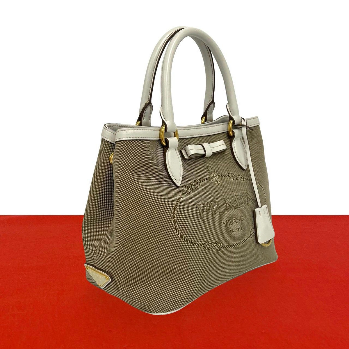 Prada Logo Canvas Leather Mini Tote Boston Bag Brown