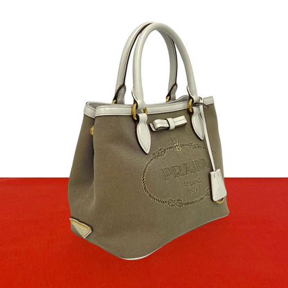 Prada Logo Canvas Leather Mini Tote Boston Bag Brown