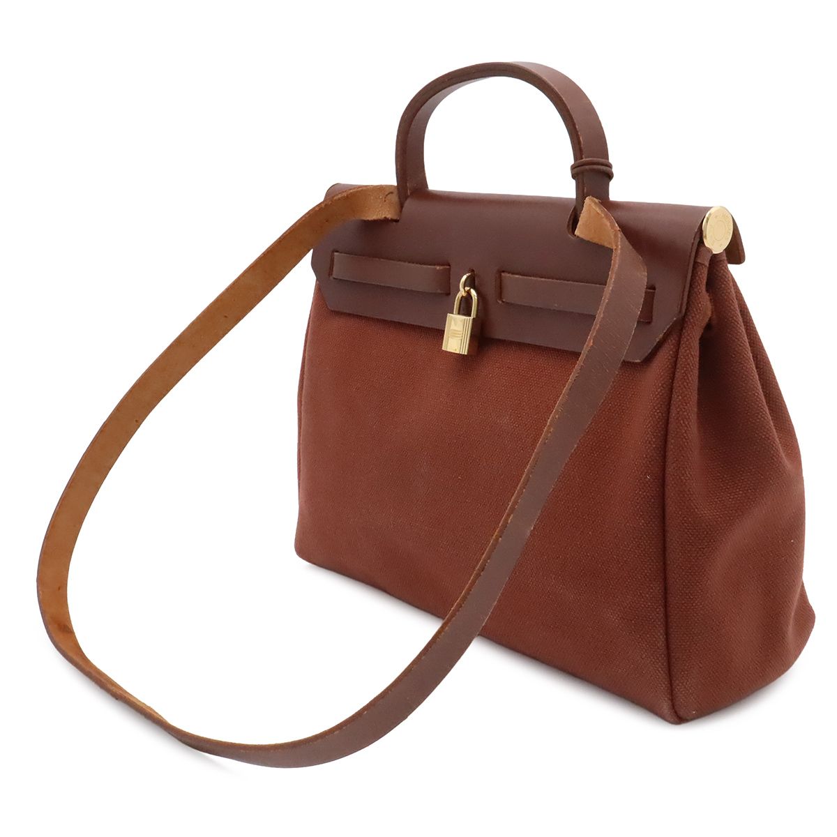 Hermes Herbag PM 2-Way Shoulder Bag Canvas Leather Brown Gold — view 2