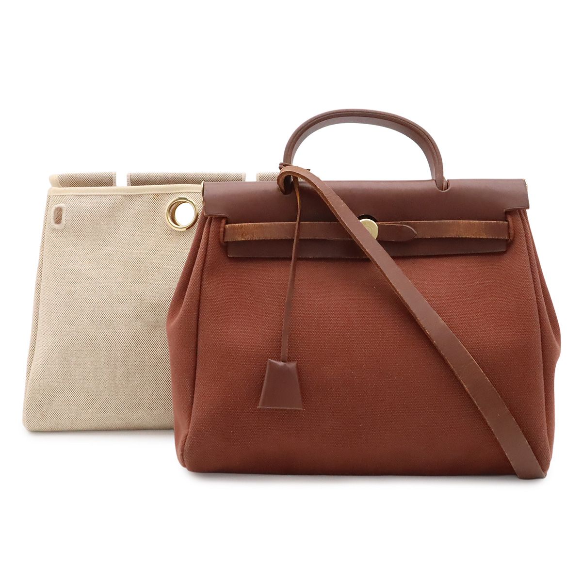 Hermes Herbag PM 2-Way Shoulder Bag Canvas Leather Brown Gold
