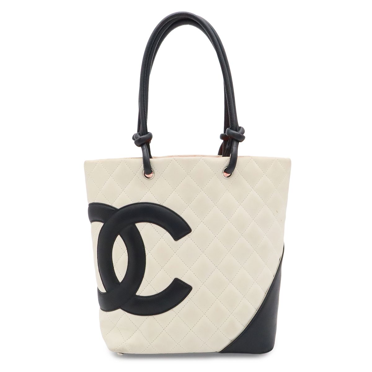 Chanel Cambon Line Medium Tote CC Logo Shoulder Bag Bicolor Soft Calfskin White