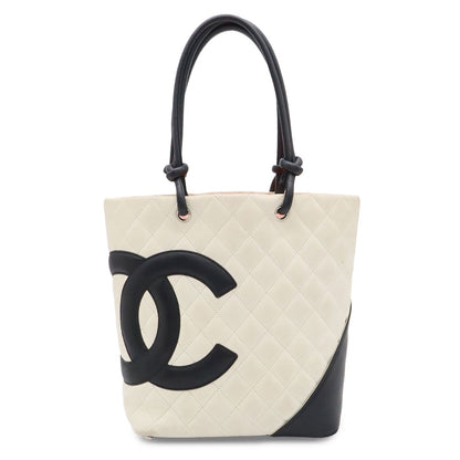 Chanel Cambon Line Medium Tote CC Logo Shoulder Bag Bicolor Soft Calfskin White