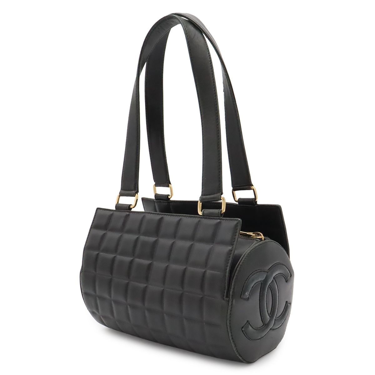 Chanel Choco Bar CC Logo Mini Bag Drum Tube Shape Leather Black Gold — view 2