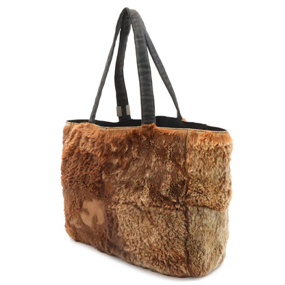 Chanel Rabbit Fur CC Logo Tote Fur Handbag Suede Brown Black — view 2
