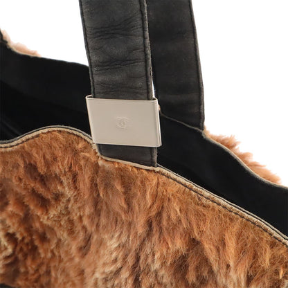 Chanel Rabbit Fur CC Logo Tote Fur Handbag Suede Brown Black — view 6