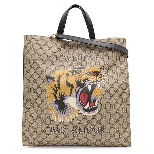 Gucci GG Supreme Tiger Tote 2-Way Shoulder Bag Leather Khaki Beige Black
