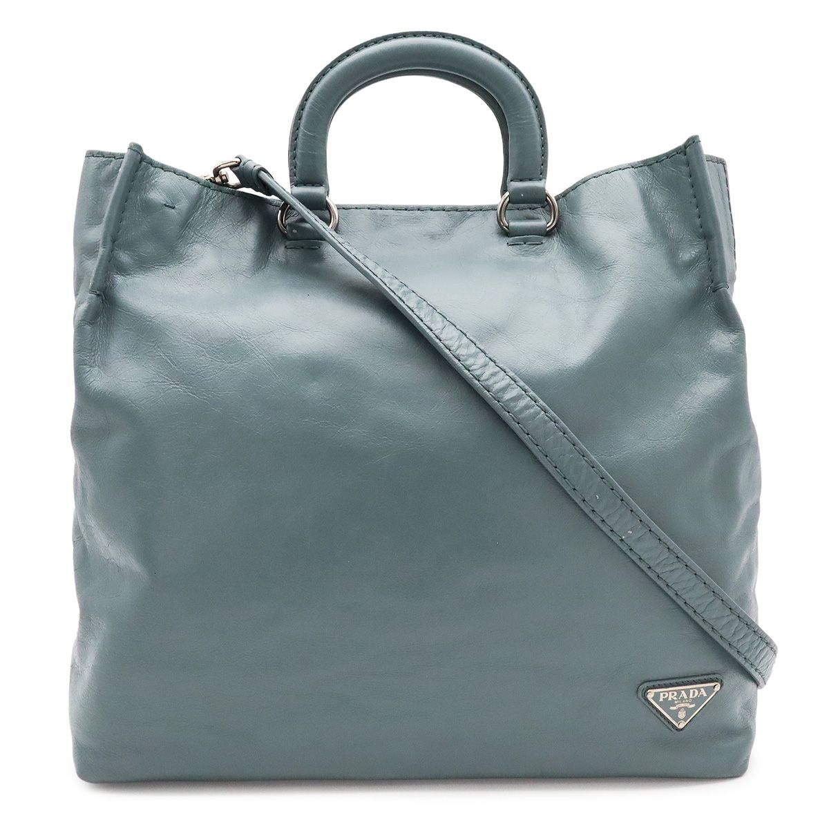 Prada Triangle Logo Tote Business 2-Way Shoulder Bag Leather Blue Gray Silver