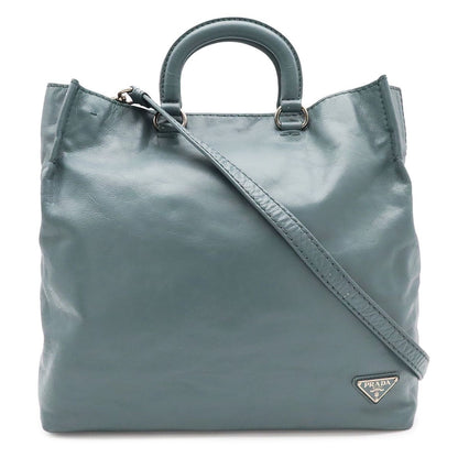 Prada Triangle Logo Tote Business 2-Way Shoulder Bag Leather Blue Gray Silver