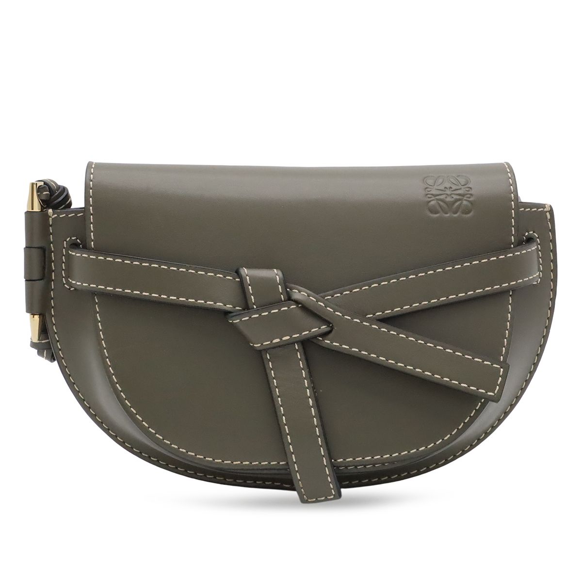 Loewe Mini Gate Bum Back Waist Pouch Belt Bag Cross Leather Khaki Gold