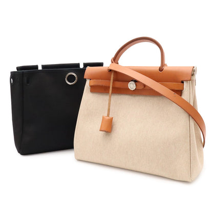 Hermes Herbag PM 2-Way Shoulder Bag Toile Officier GM Black Natural