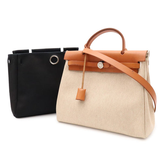 Hermes Herbag PM 2-Way Shoulder Bag Toile Officier GM Black Natural