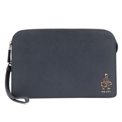 Prada Porter Collaboration Saffiano Clutch Leather Navy Silver