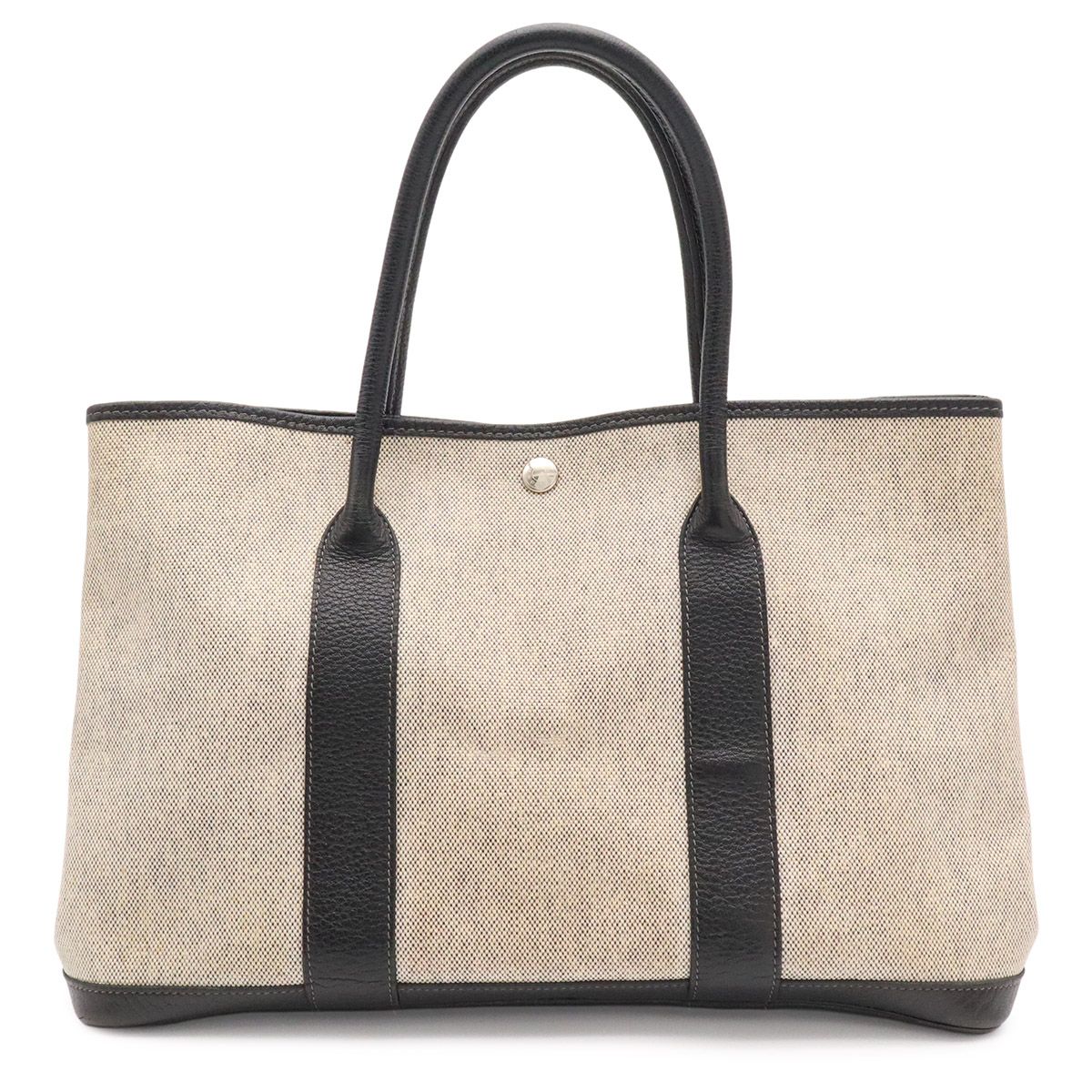 Hermes Garden Party PM Bolduc Ribbon Tote Toile H Leather Gray Black