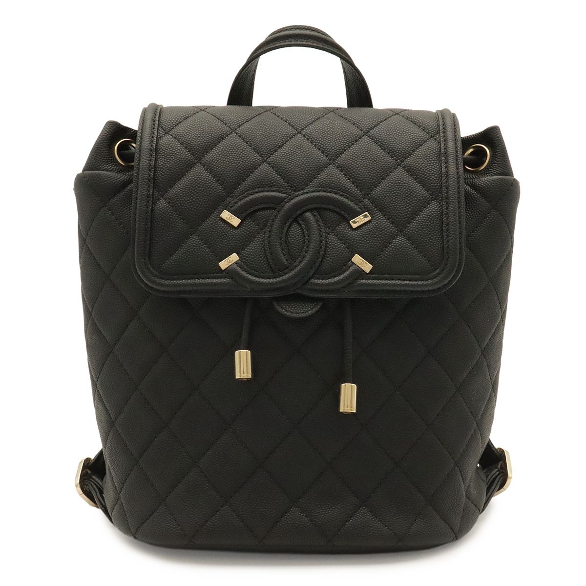 Chanel CC Filigree CC Logo Backpack Drawstring Caviar Leather Black Gold