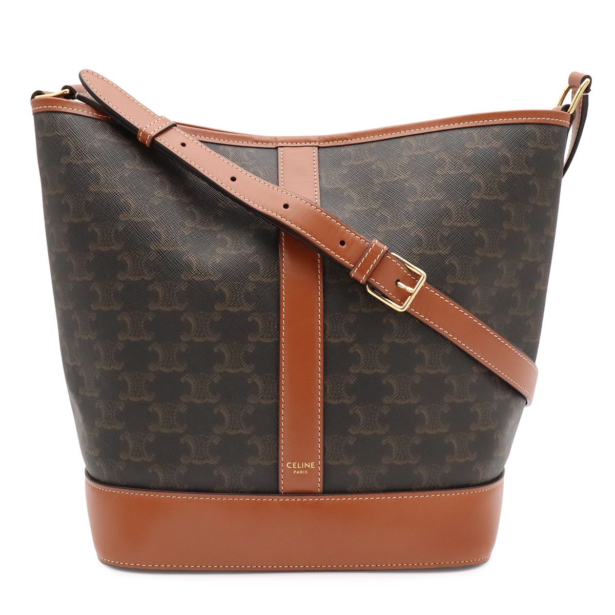 Celine Triomphe Medium Bucket Shoulder Bag Crossbody Canvas Calfskin Tan Brown