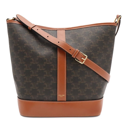 Celine Triomphe Medium Bucket Shoulder Bag Crossbody Canvas Calfskin Tan Brown