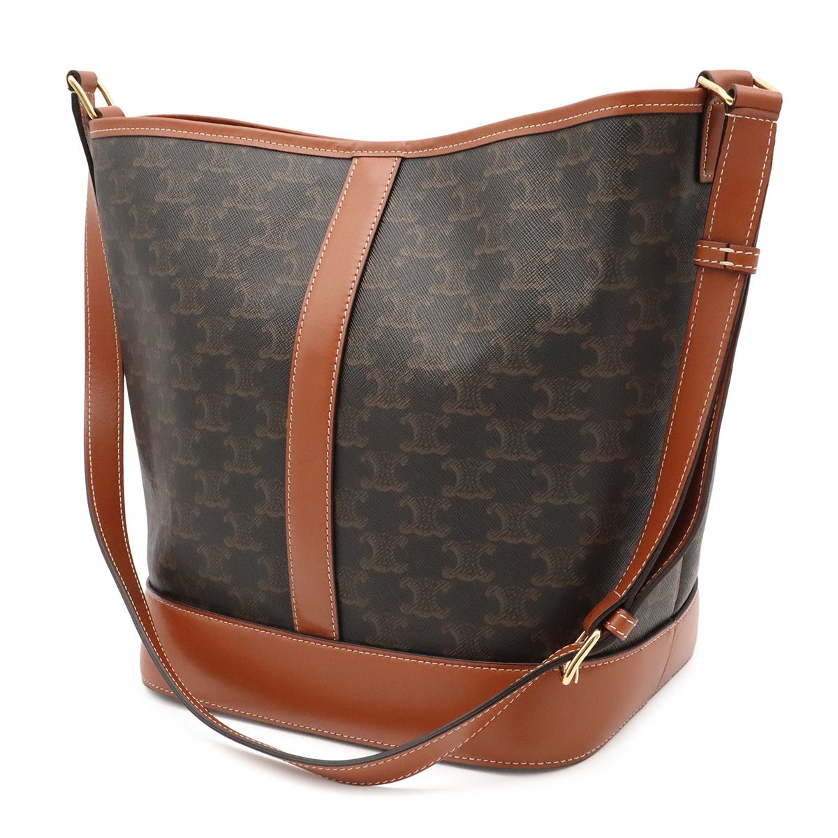 Celine Triomphe Medium Bucket Shoulder Bag Crossbody Canvas Calfskin Tan Brown — view 2
