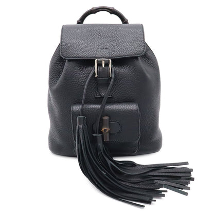 Gucci Bamboo Backpack Shoulder Bag Tassel Fringe Leather Black Silver