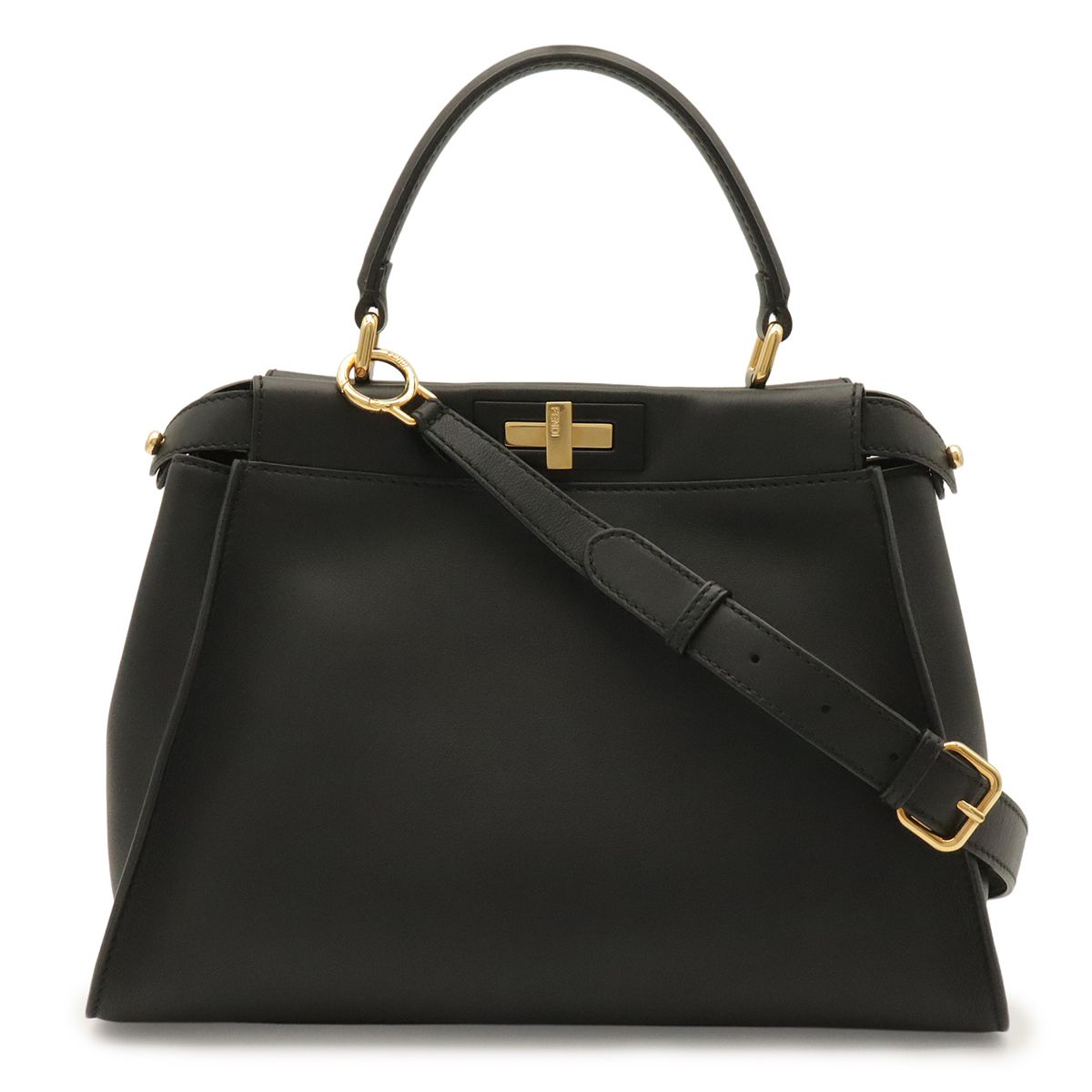 Fendi Peekaboo Regular 2-Way Shoulder Bag Crossbody Leather Black Gold