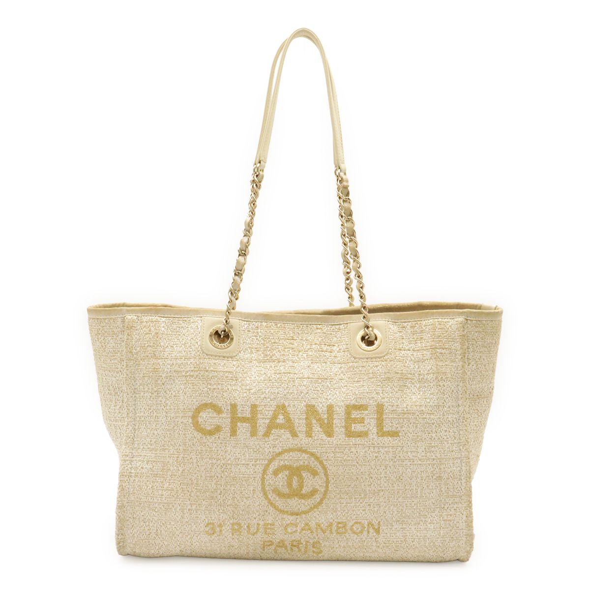 Chanel Deauville Line Tote MM Medium Chain Shoulder Bag White Gold Silver