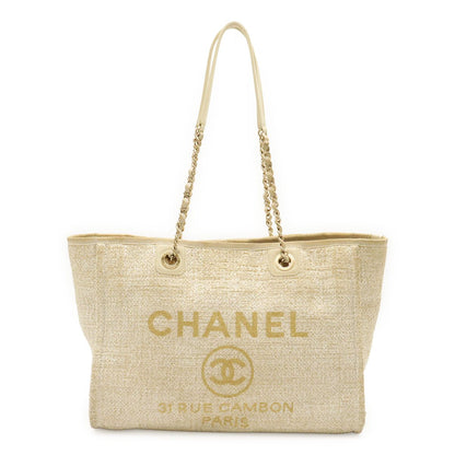Chanel Deauville Line Tote MM Medium Chain Shoulder Bag White Gold Silver
