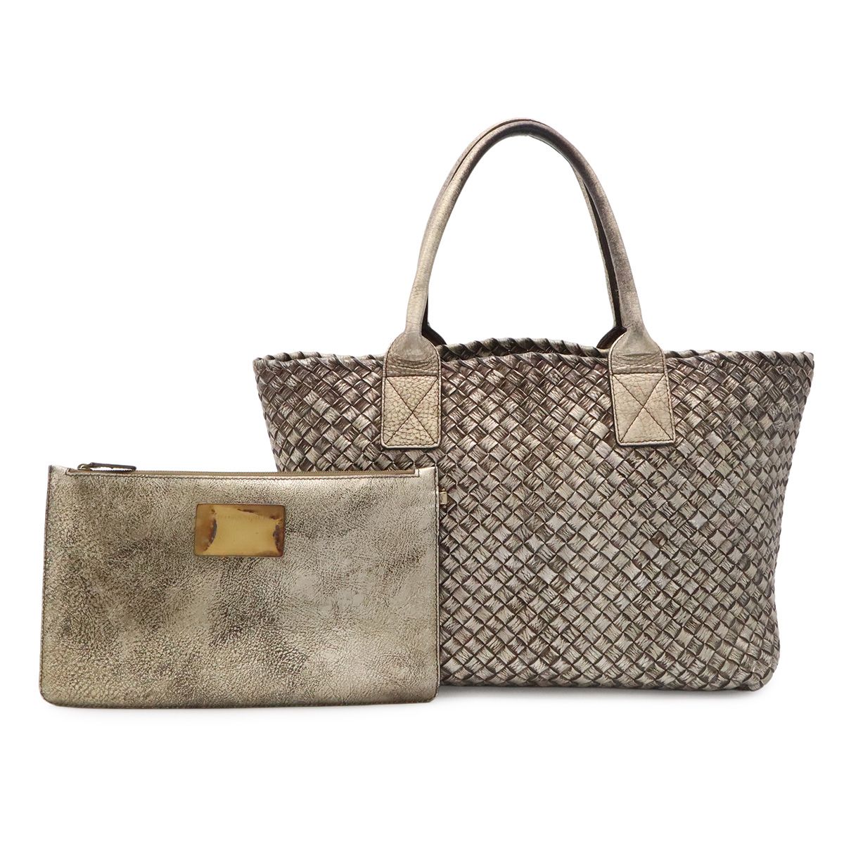 Bottega Veneta Ve Int Ciato Cabas PM Tote Metallic Leather Silver Gold