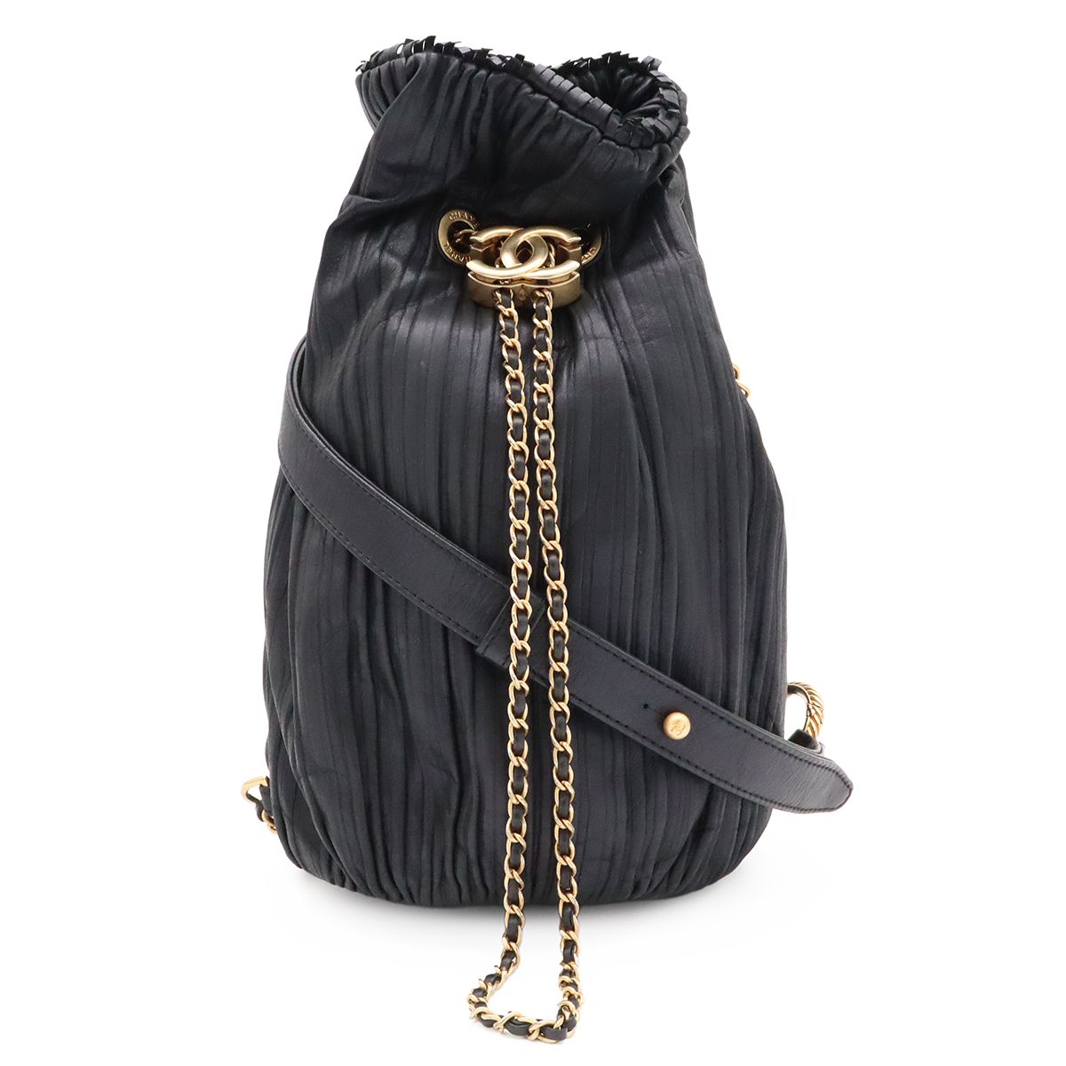 Chanel Coco Pleats CC Logo Chain Shoulder Bag Drawstring Sparkle Leather Black