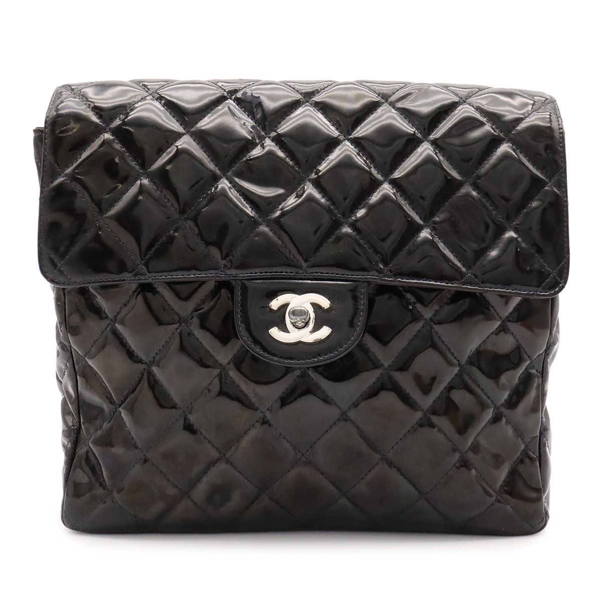 Chanel Quilted CC Logo Backpack Enamel Patent Leather Black Silver