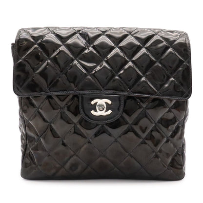 Chanel Quilted CC Logo Backpack Enamel Patent Leather Black Silver