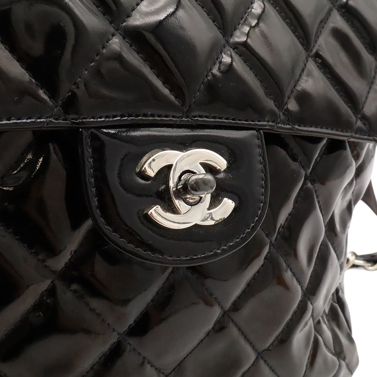 Chanel Quilted CC Logo Backpack Enamel Patent Leather Black Silver — view 7
