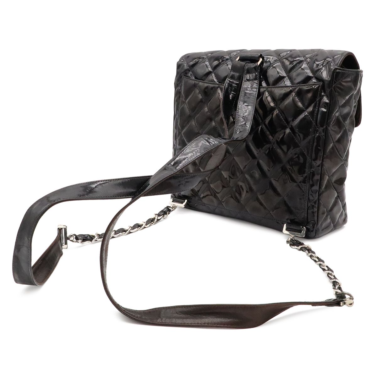 Chanel Quilted CC Logo Backpack Enamel Patent Leather Black Silver — view 2