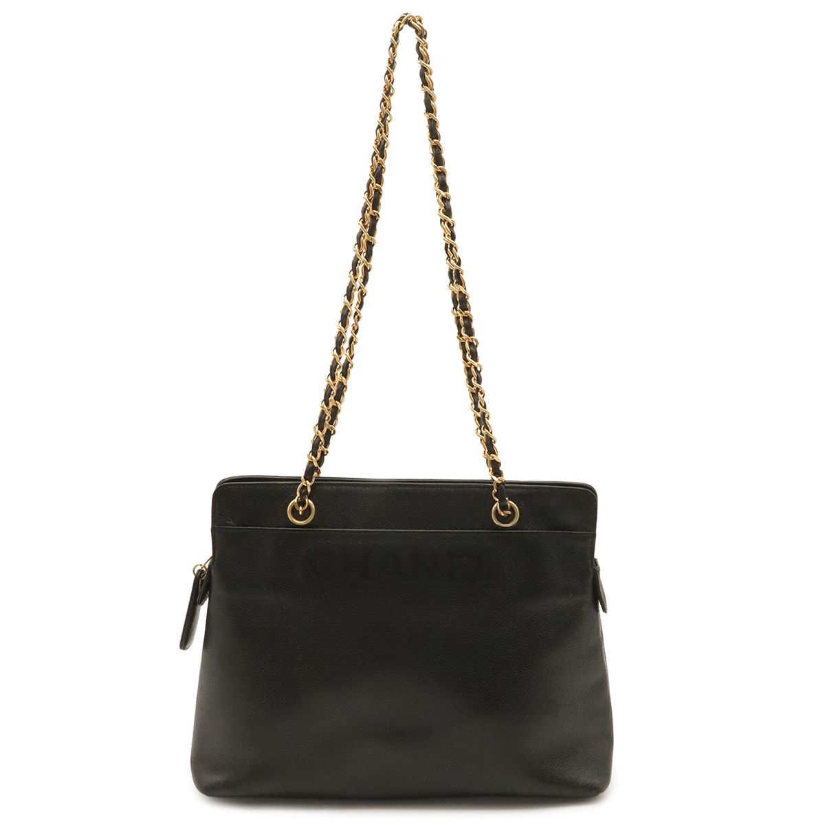 Chanel Logo Chain Shoulder Bag Caviar Leather Black Gold