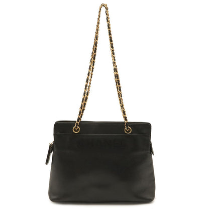 Chanel Logo Chain Shoulder Bag Caviar Leather Black Gold