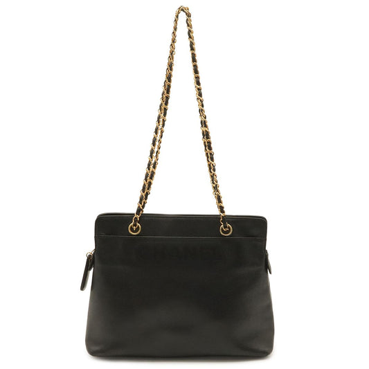 Chanel Logo Chain Shoulder Bag Caviar Leather Black Gold