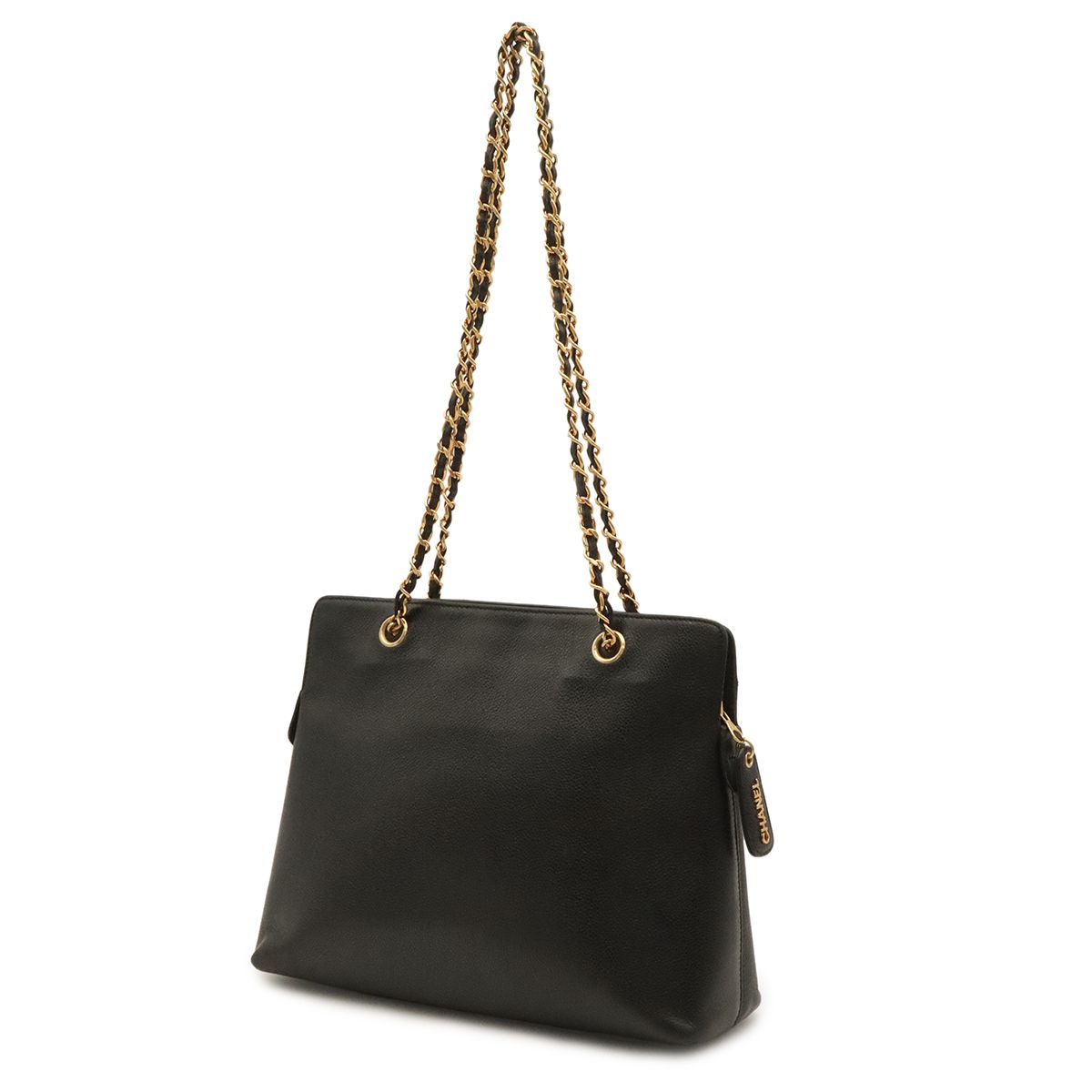 Chanel Logo Chain Shoulder Bag Caviar Leather Black Gold — view 2