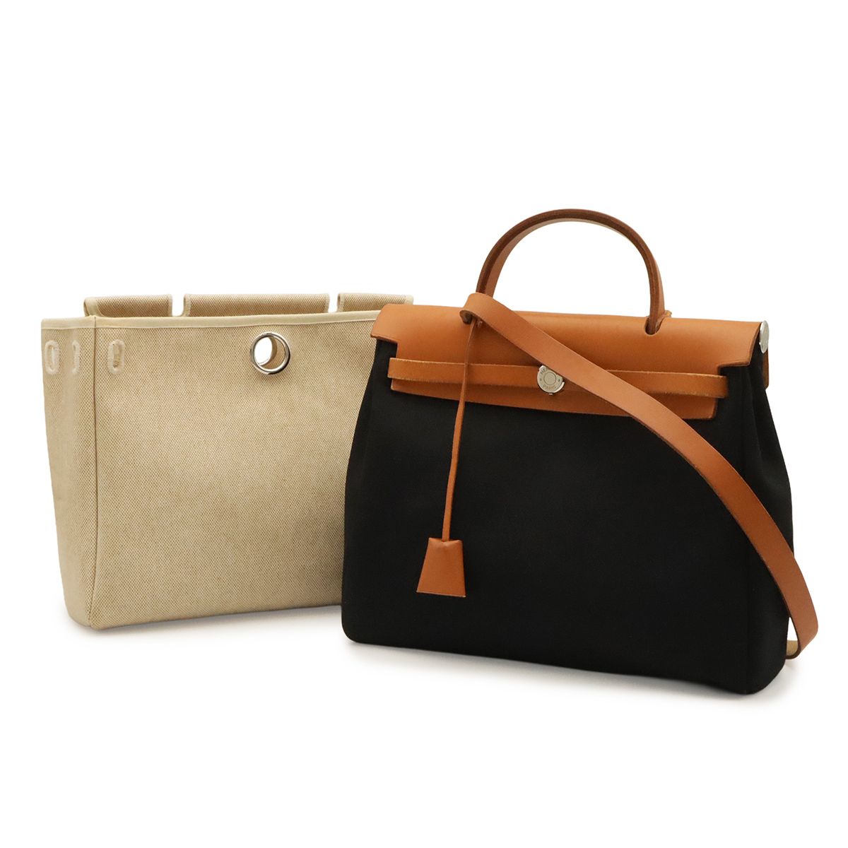 Hermes Herbag PM 2-Way Shoulder Bag Toile Officier GM Black Brown Beige