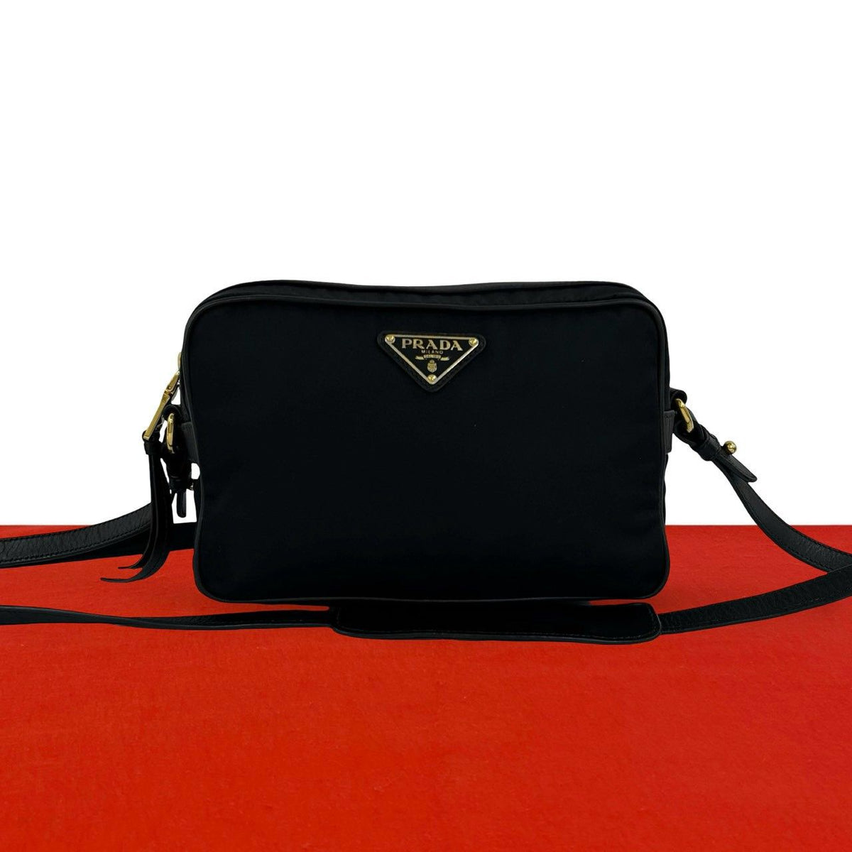 Prada Triangle Logo Tessuto Pocono Nylon Leather Mini Shoulder Bag Pochette