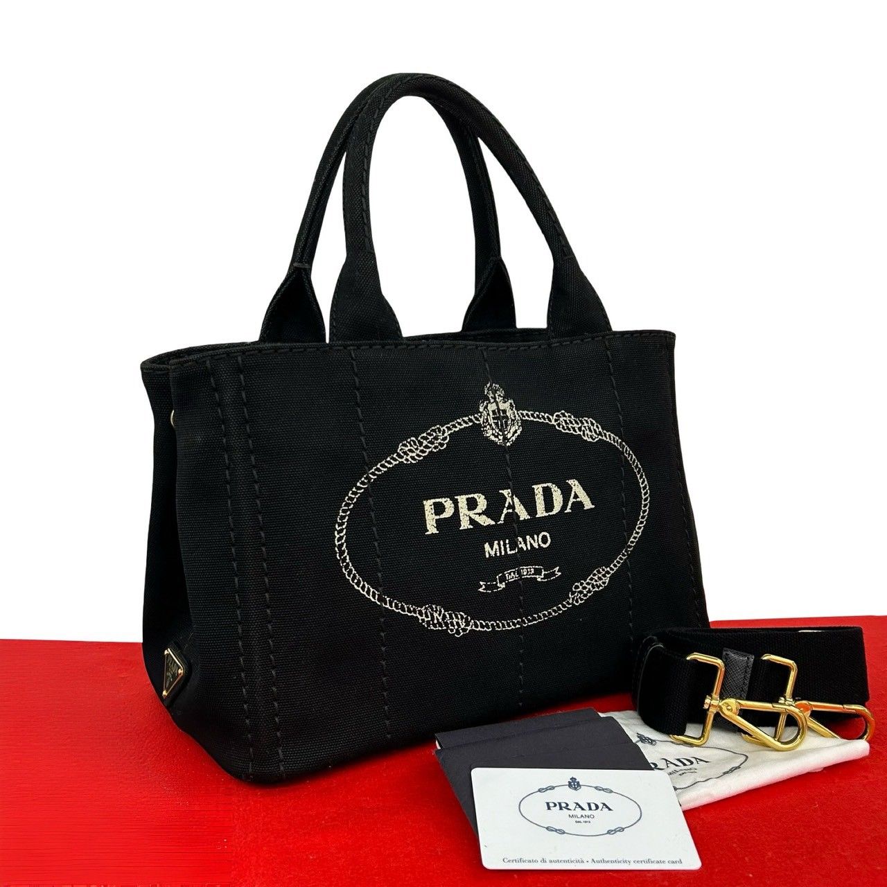 Prada Canapa Triangle Logo Canvas 2-Way Mini Tote Shoulder Bag Black