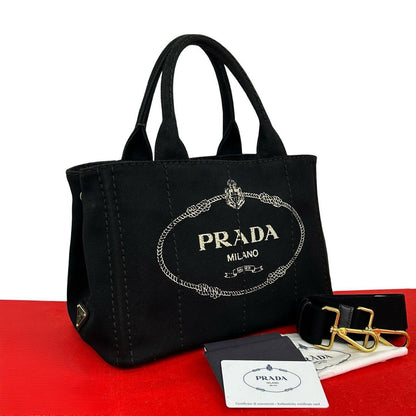 Prada Canapa Triangle Logo Canvas 2-Way Mini Tote Shoulder Bag Black