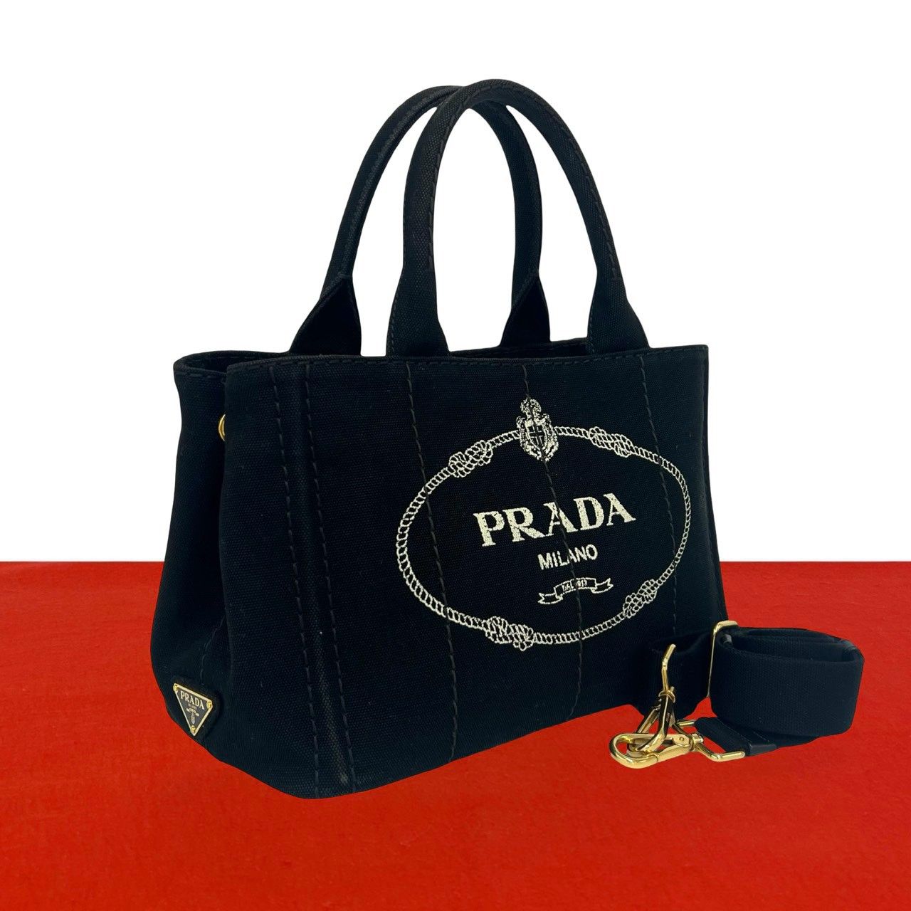 Prada Canapa Logo Canvas 2-Way Shoulder Bag Mini Tote Black