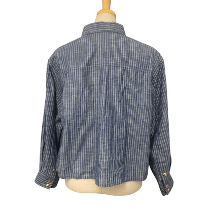 Celine Long Sleeve Shirt Triomphe Logo Striped Button Up Cropped Cotton Blue — view 2