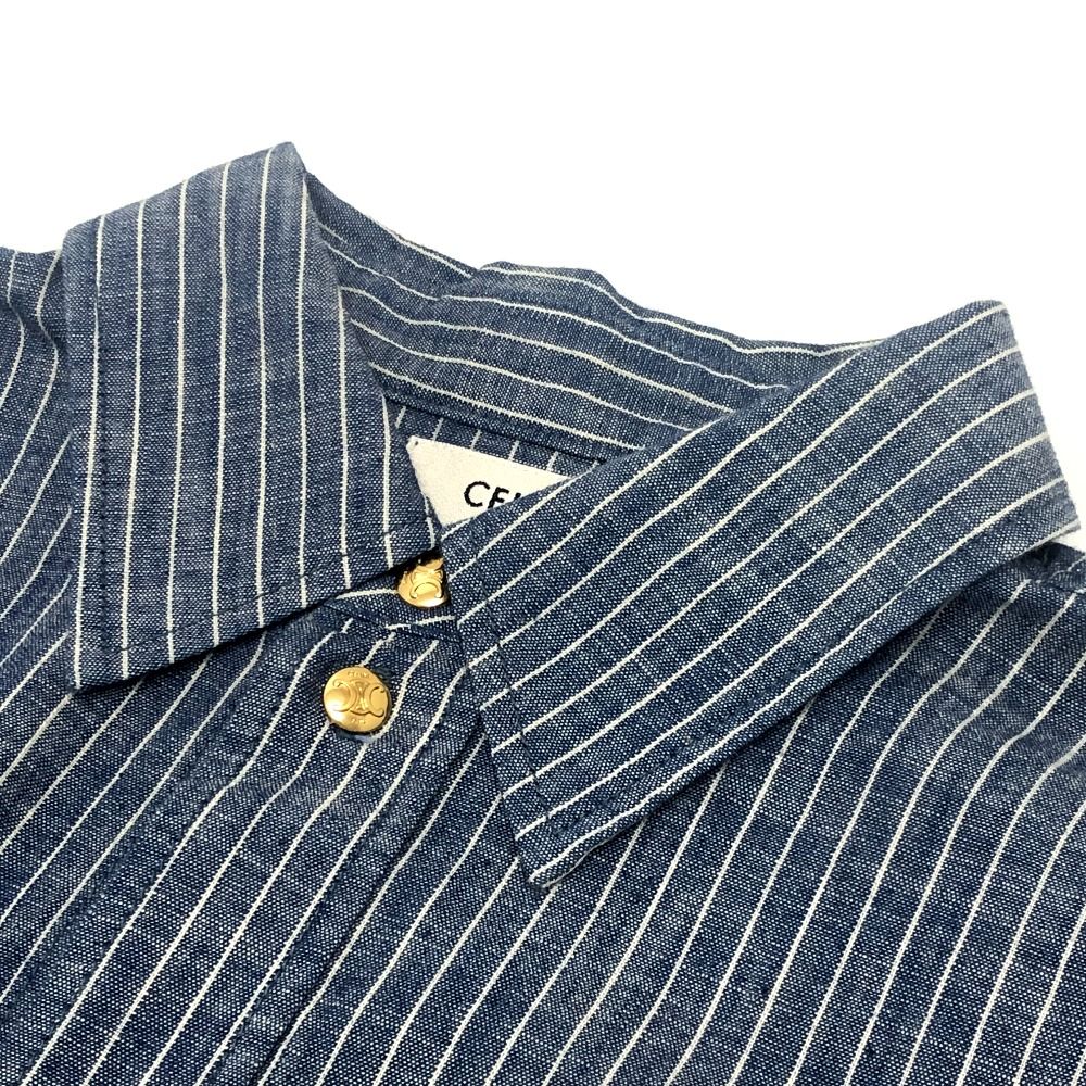 Celine Long Sleeve Shirt Triomphe Logo Striped Button Up Cropped Cotton Blue — view 3