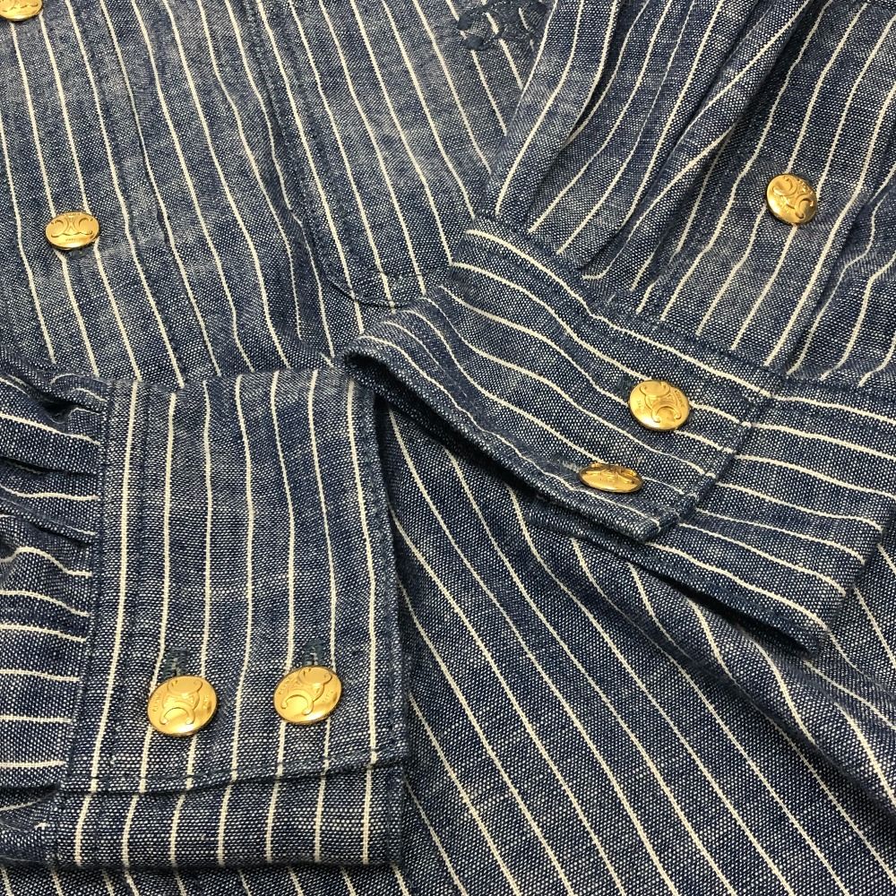 Celine Long Sleeve Shirt Triomphe Logo Striped Button Up Cropped Cotton Blue — view 6