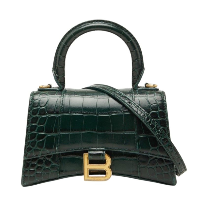 Balenciaga Hourglass XS 2-Way Shoulder Bag Croc Embossed Green Leather