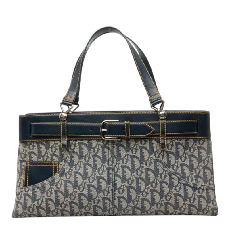 Dior Oblique Trotter Pants Motif Handbag Navy Leather Jacquard