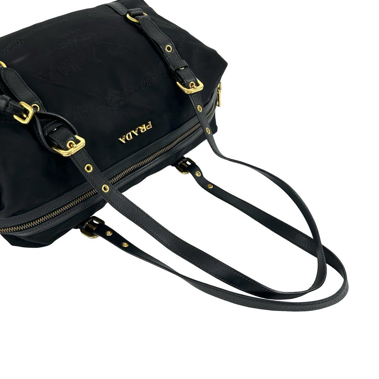 Prada Logo Tessuto Pocono Nylon Saffiano Leather Tote Shoulder Bag Black — view 4