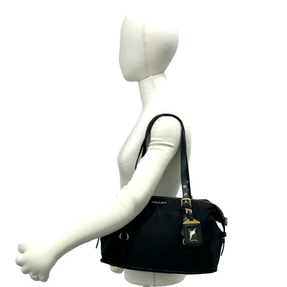Prada Logo Tessuto Pocono Nylon Saffiano Leather Tote Shoulder Bag Black — view 2
