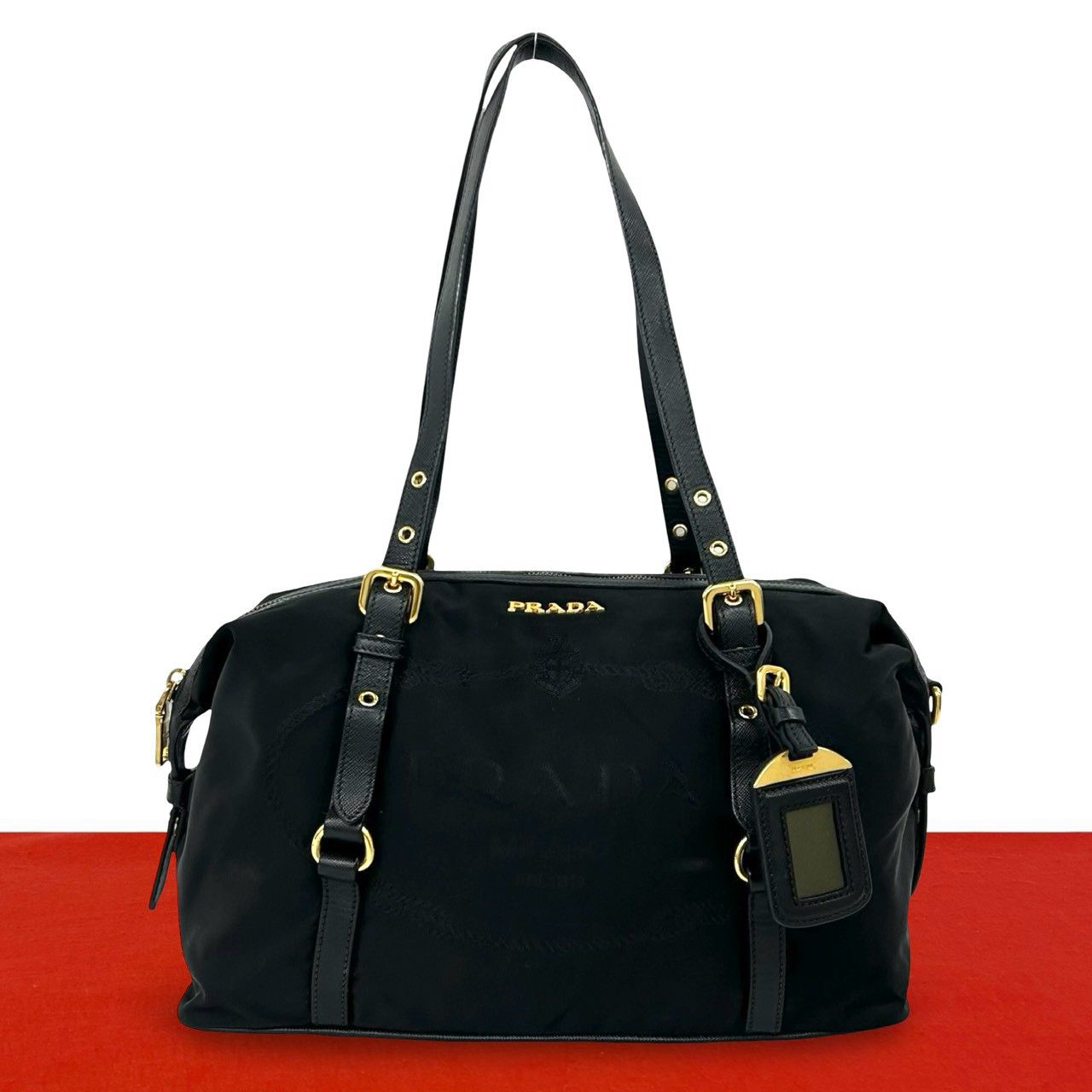 Prada Logo Tessuto Pocono Nylon Saffiano Leather Tote Shoulder Bag Black