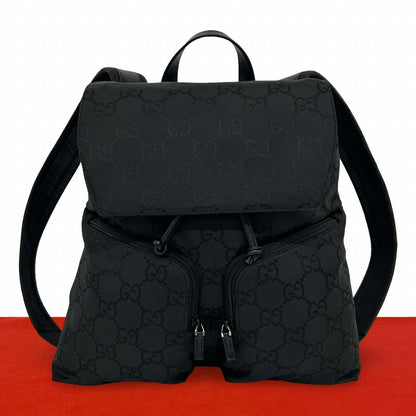 Gucci GG Logo Pattern Nylon Leather Drawstring Backpack Black